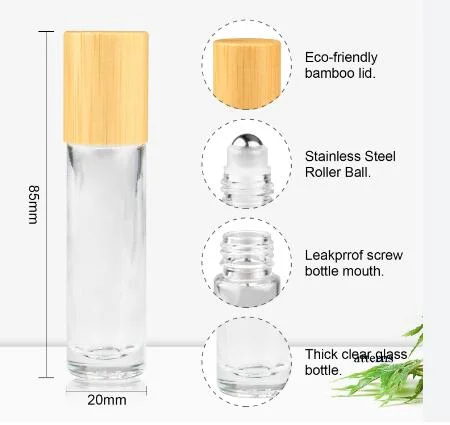 Perfume Essential Oil Clear Roller Bottle 10ml Glass Roll on Bottle with Bamboo Lid and Rollers