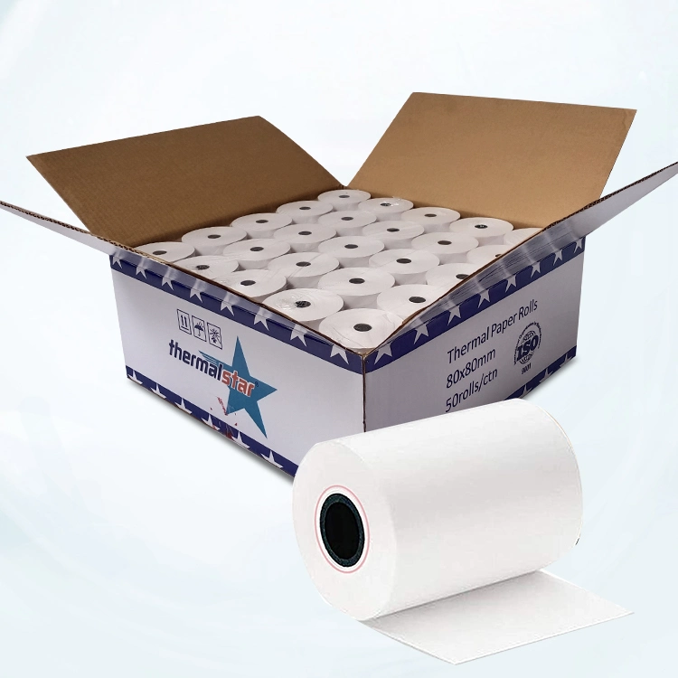 Best Quality 48GSM 50GSM 52GSM 55GSM 58GSM 60GSM 65GSM 70GSM 75GSM 80GSM 90GSM POS Cash Register Pre-Printed Thermal Paper Rolls