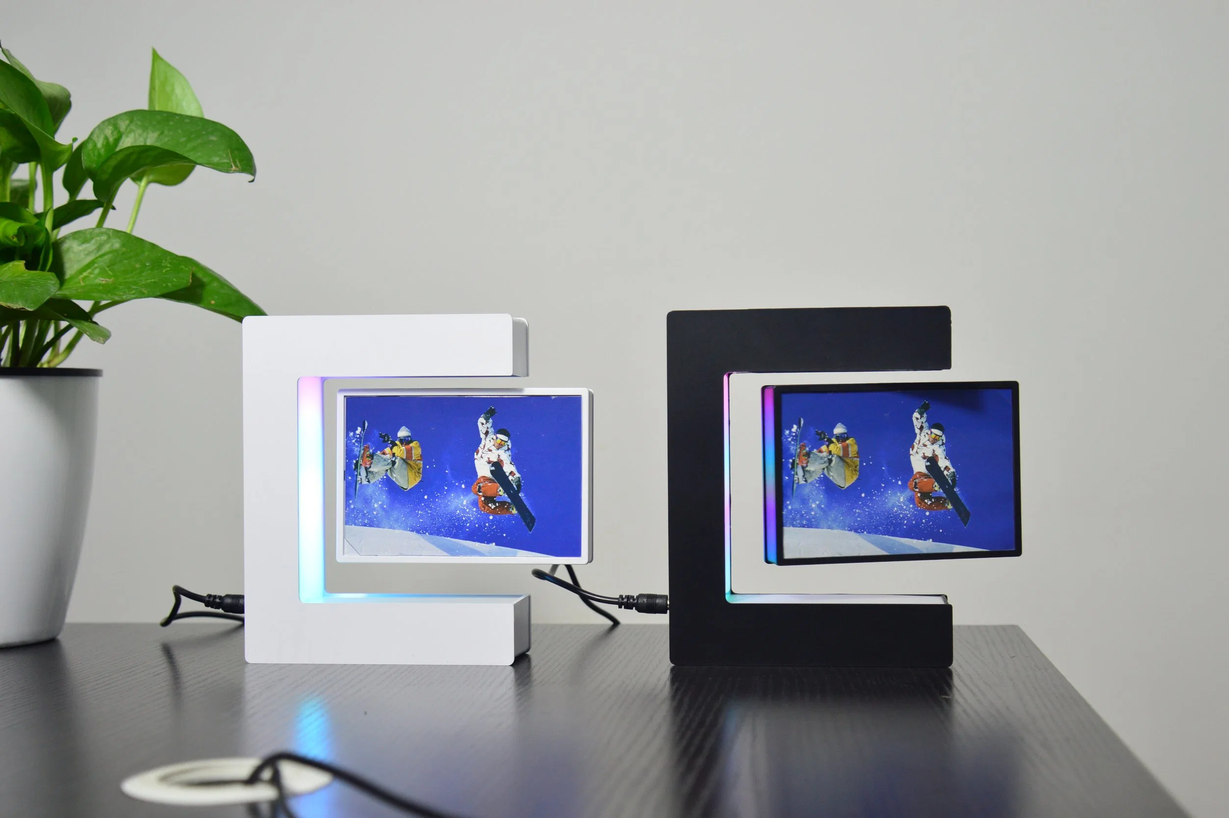 E Shape Magnetic Levitation Rotating Floating Photo Frame Display Rack with LED Light