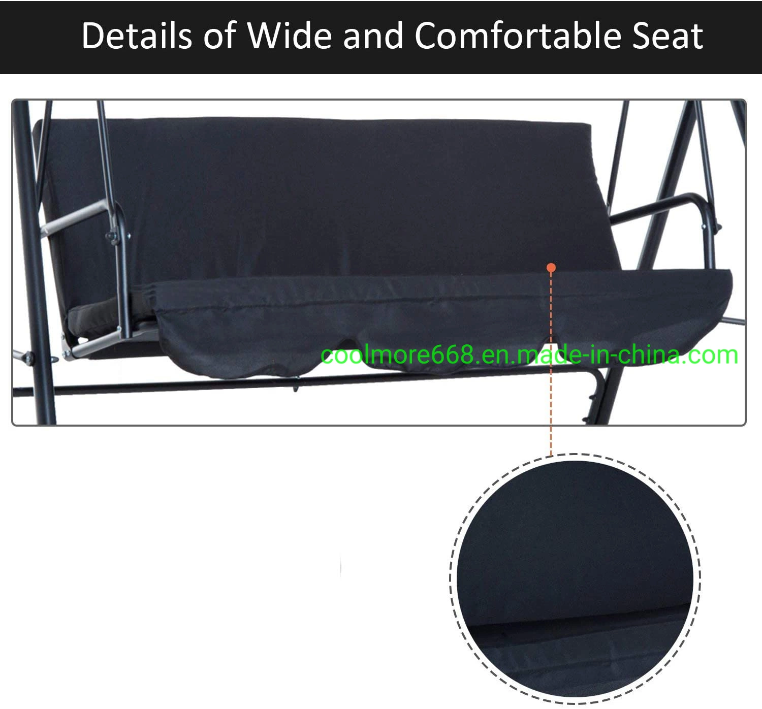 Swing Chair 3 Seater with Canopy, Garden Swing Cushioned Seat, Made with Strong Powder Coated Steel Frame - Black