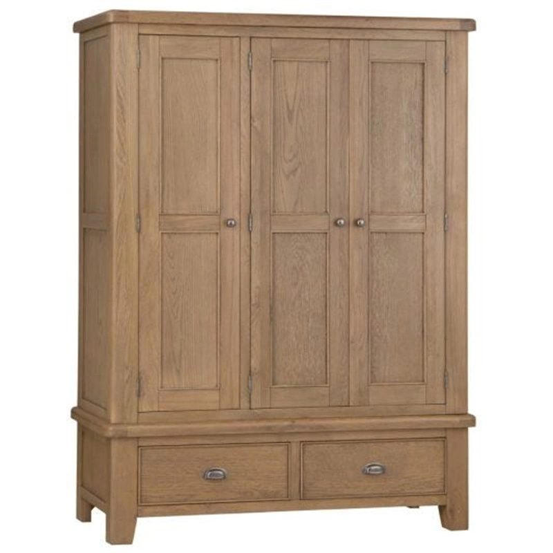 Solid Oak Rustic Large Storage Bedroom Armario de madera, con 3 puertas, 2 cajones, barra colgante, armario de madera al por mayor, armario de ropa moderna