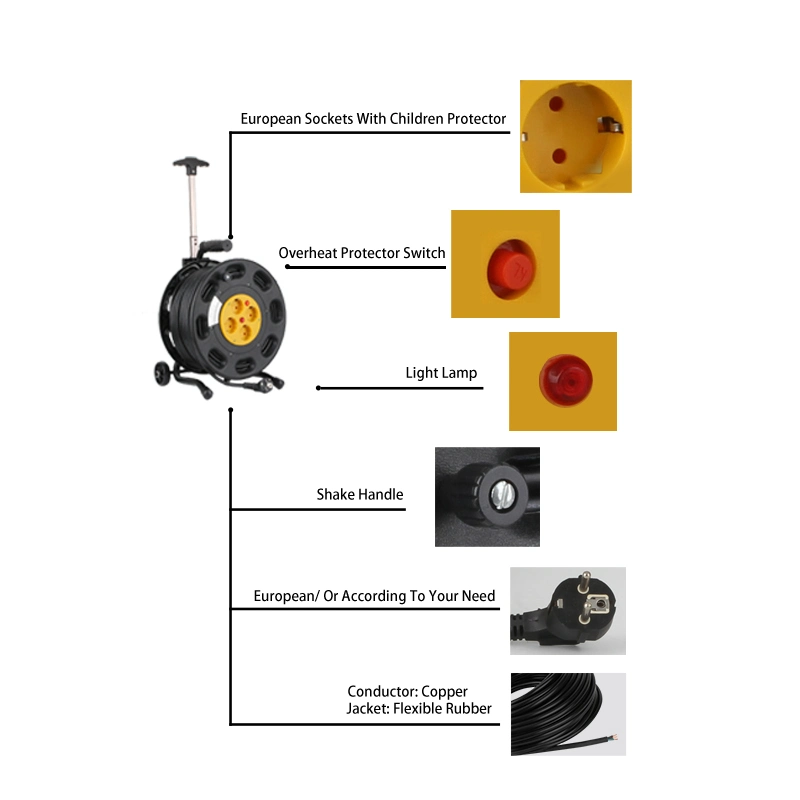 Cabo Bestselling o Molinete Alemanha Tipo 4X16A Sockets 230V Plástico ABS extensão eléctrica de alimentação do cabo com Rodas