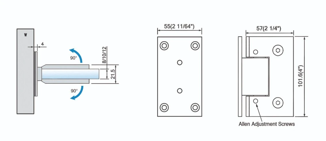 Loire Shower Hardware Manufacturers OEM Adjustable 90 Degree Wall Mount Full Back Plate Heavy Duty Shower Pivot Hinges Fittings for Frameless Shower Door