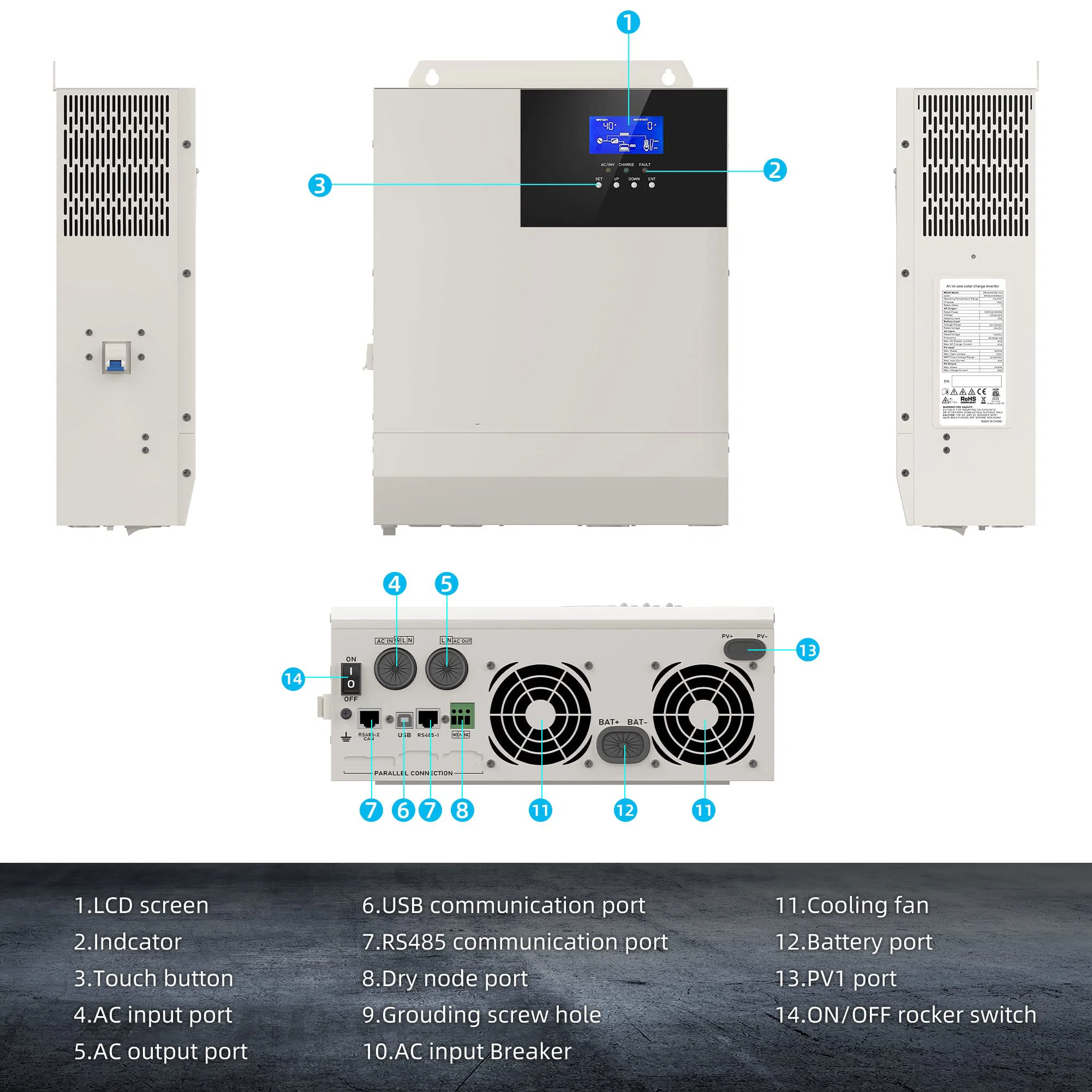 48V 5000W Hybrid Solar Inverter 48V DC to AC 110V Pure Sine Wave off-Grid LED Inverter, 80A MPPT Solar Charge Controller