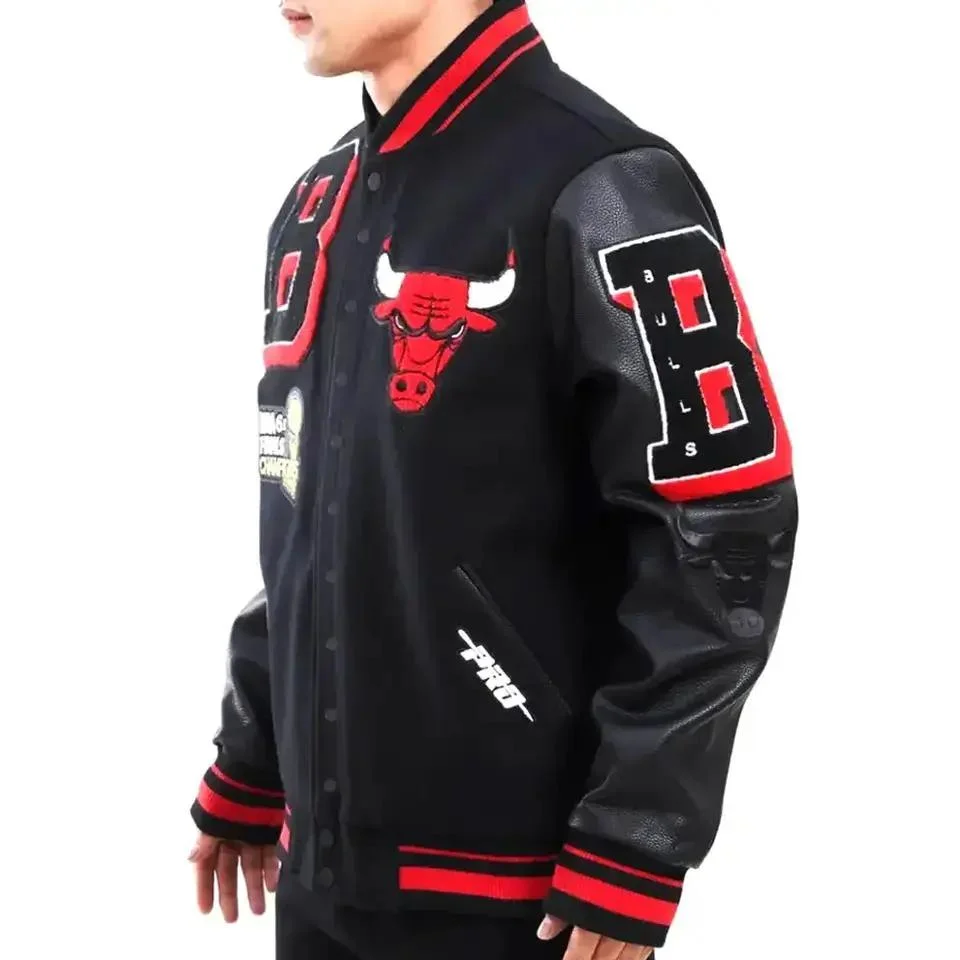 Custom Men's Wool Letterman Real Leather Varsity Jacket Black with Embroidery Logos