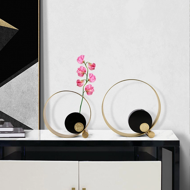 Modern Furnishings Light Luxury Creative Circle Ornaments Metal Flower Vase Minimalist Marble Decorations for Living Room