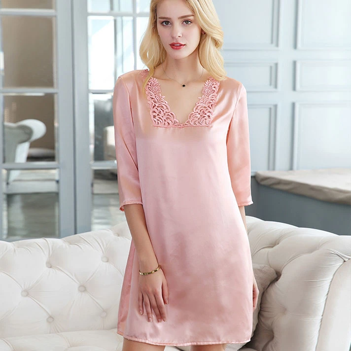 3/4 Sleeve Women Nightdress 100% Silk Pajamas