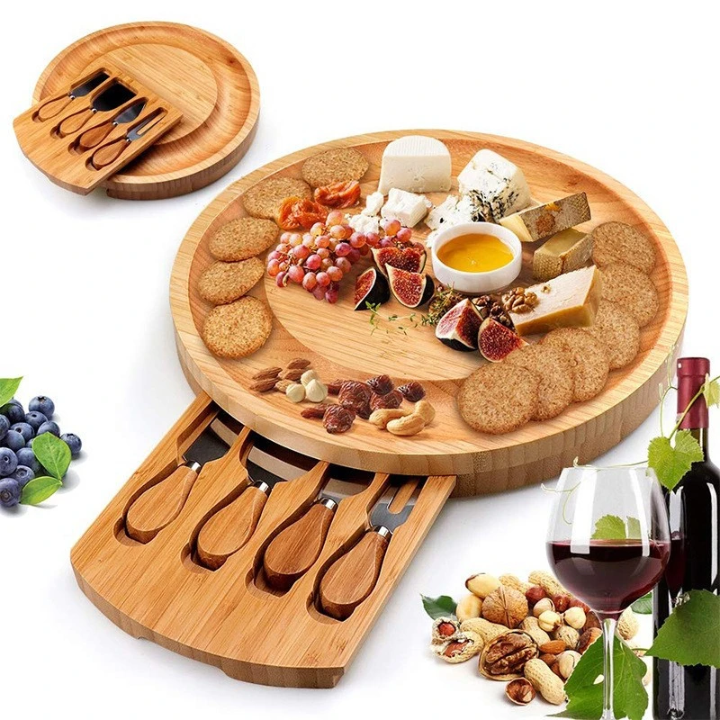 2 Sizes 10inch Round Natural Bamboo Cheese Board with 4PCS Charcuterie Board Accessories