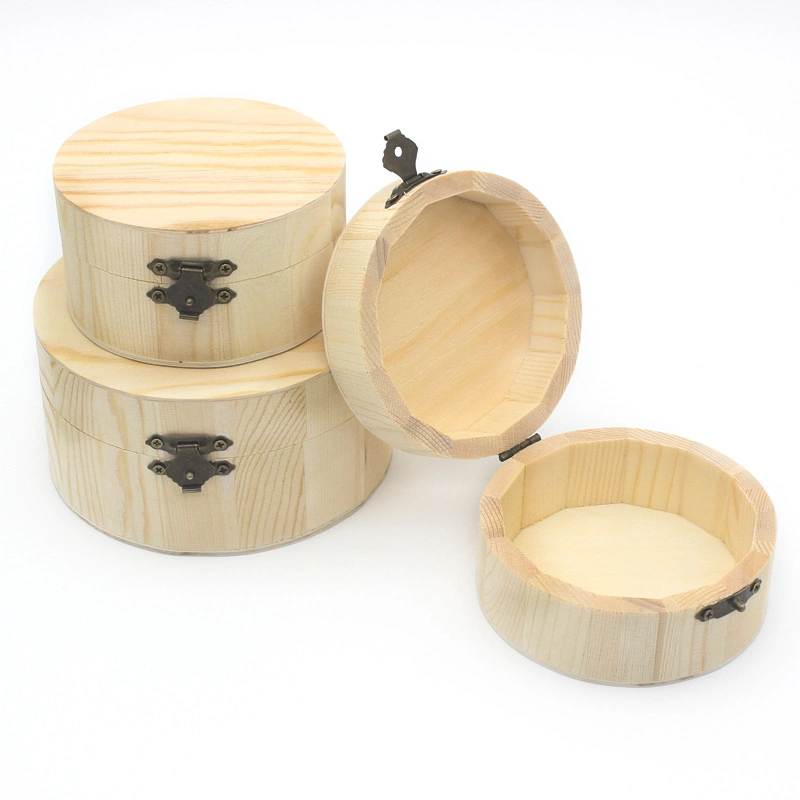 Round Wooden Box Decorative Wood Keepsake Jewelry Storage Box