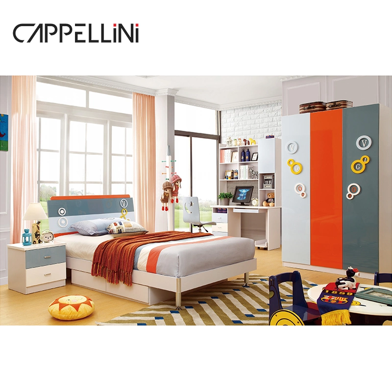 High Quality Wooden Single Boy Girl Kids Bed Children Bedroom Furniture Set with Desk Bookcase Wardrobe