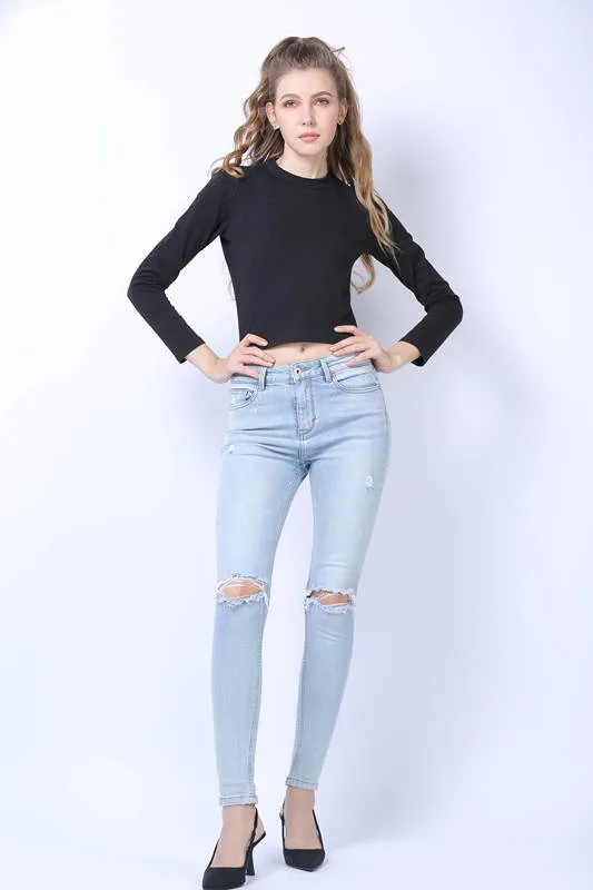 Moda mujeres Jeans OEM Niza enzima Ripper lavado skinny Fit Jeans denim para mujer de color azul claro