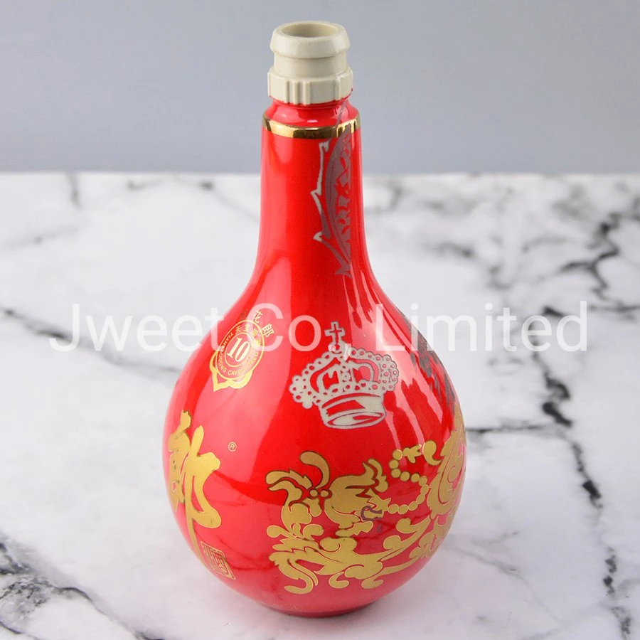 Golden Decal Printing Red Ceramic Empty Liquor Gin Bottle