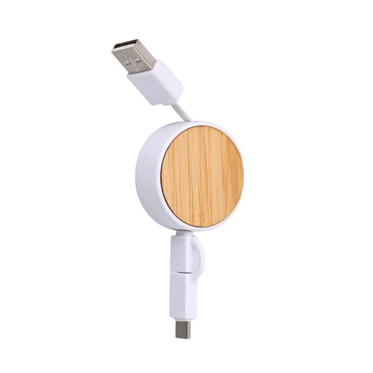 Cable USB portátil con panel de madera circular de bambú de doble tracción Línea retráctil 3 en 1 carga rápida retráctil tipo C Cable