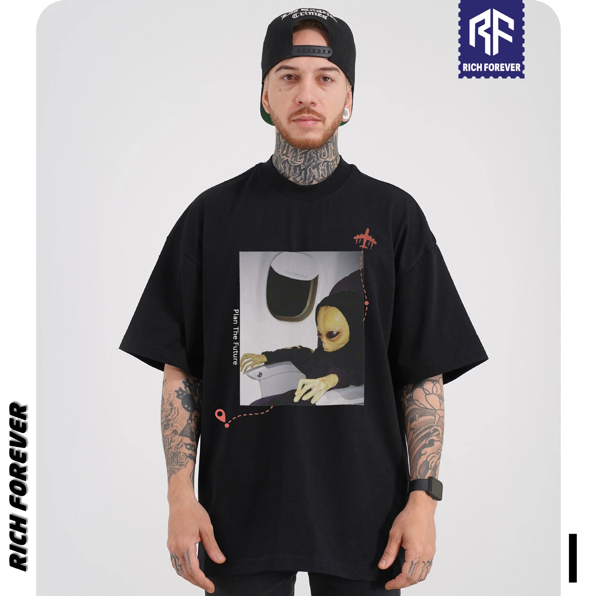 Venda por grosso de manga curta para sempre rico 230G T Shirt Lavar Moda alienígena Retro Ombro soltas camiseta masculina