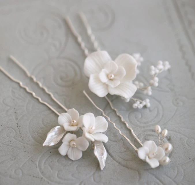 Natural Pearl Hair Pin, Wedding Porcelain Hair Stick. Bridal Hair Accessories 3PS/Set