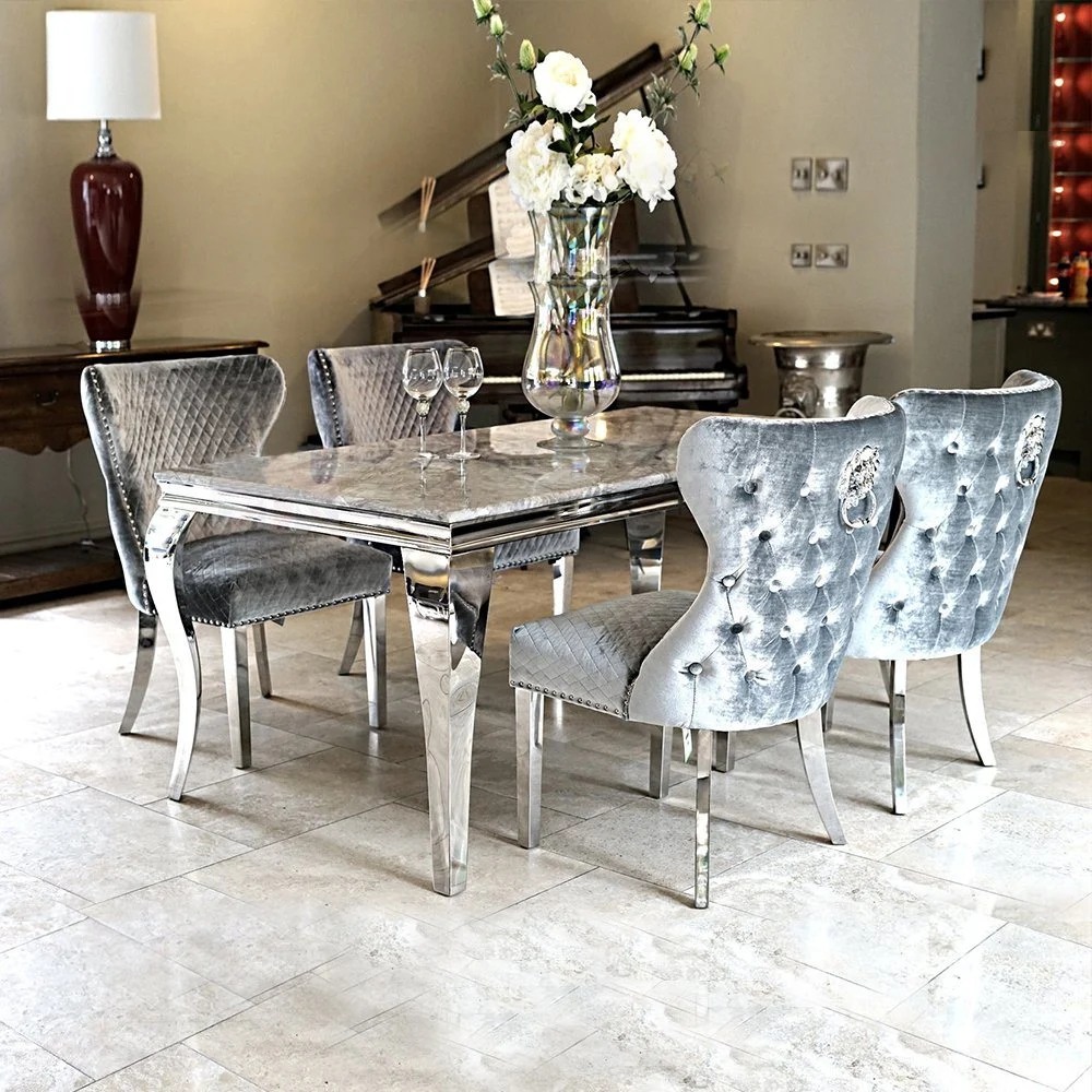 Foshan Modern Home Hotel Restaurant Furniture Set Stainless Steel Frame Marble Top Dining Table