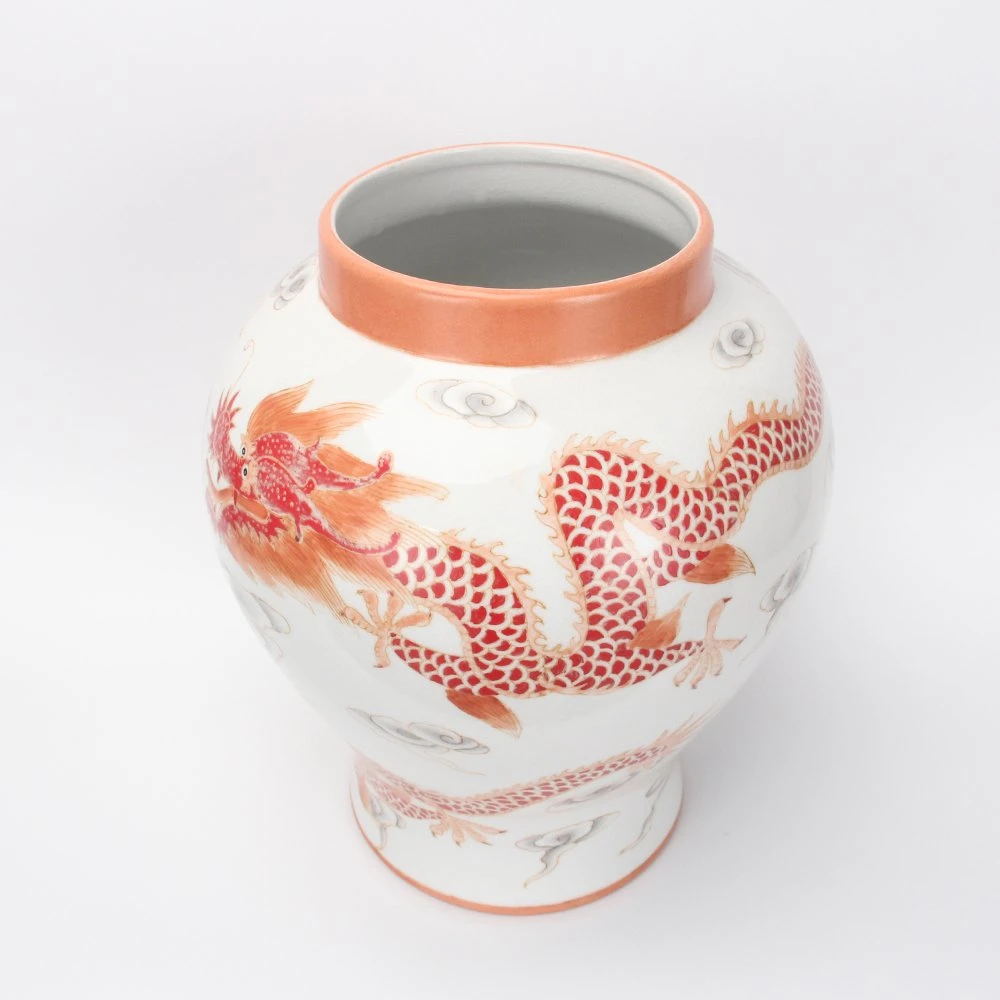 J146 Chinese Ginger Jarra de cerámica blanca Vintage Decoracion Accesorios dragón rojo de porcelana Jarrón antiguo patrón