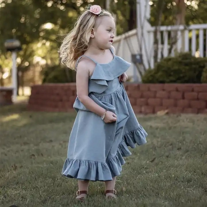 Ropa de verano OEM niñas Suspender volante vestidos bebe niña vestido de ropa para niños para niños 5-12 años de edad las niñas visten