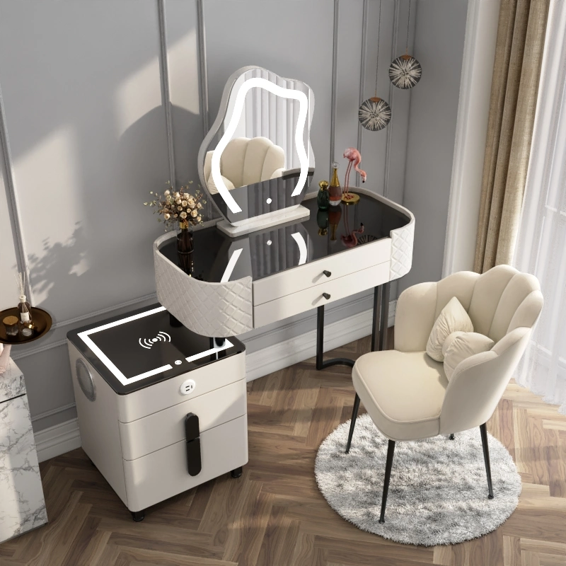 Casa Quarto Multifuncitional Vanity mobiliário conjunto com luz LED moderno Dresser Inteligente inteligente com mesa de Vestir espelhada com pernas metálicas Carregamento sem fios