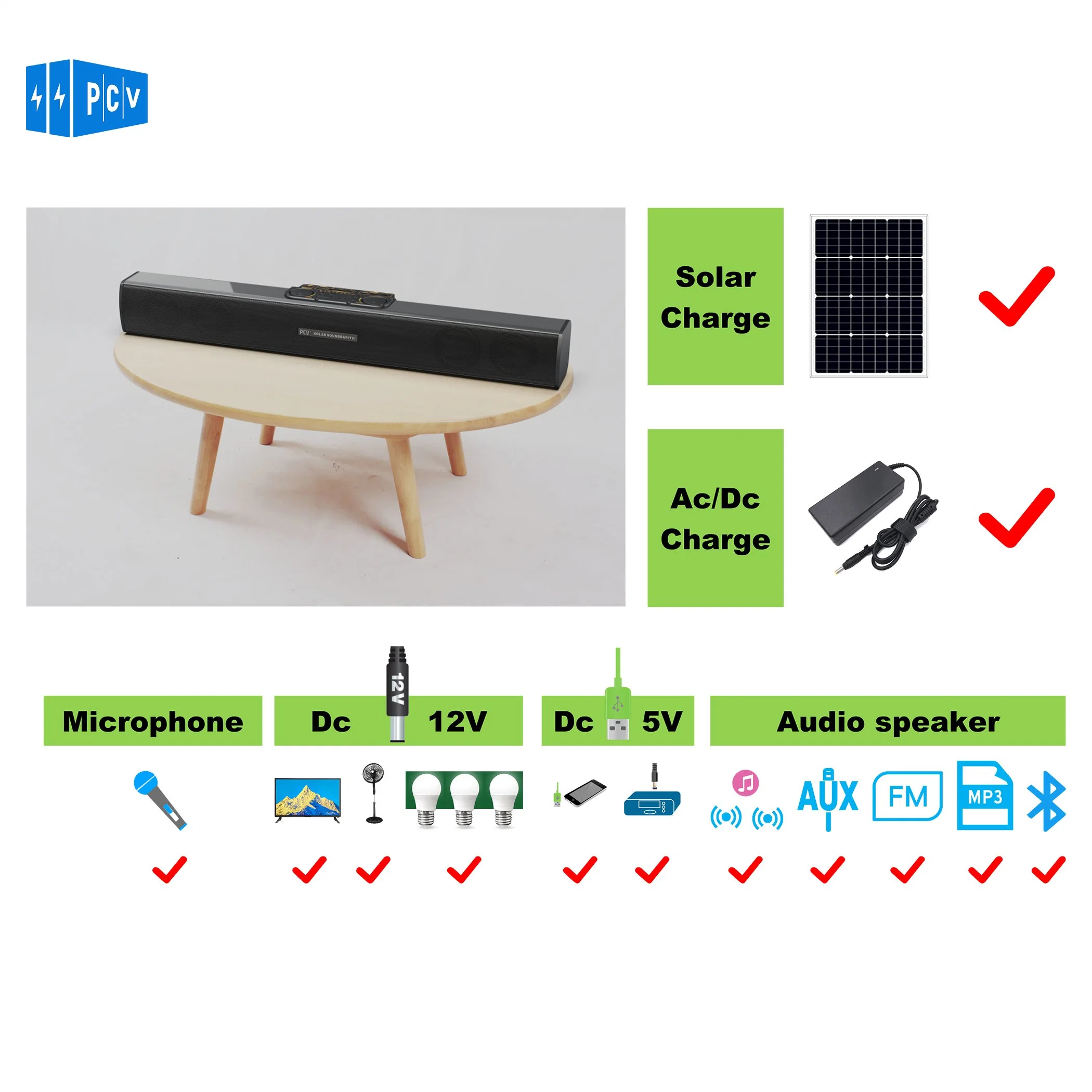 precio de fábrica Pcv Inicio Sistema de suministro de energía solar Sound-Bar Solar el sistema de televisión para la iluminación de ver la televisión Ventilador de teléfono de altavoz HiFi de carga proporcionan un sonido perfecto