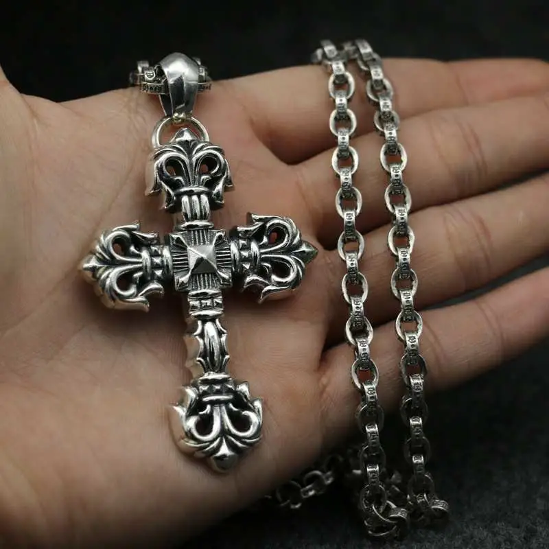 Sterling Silver Cross Necklace Hip Hop moda masculina accesorios de la calle de plata tailandesa colgante Retro