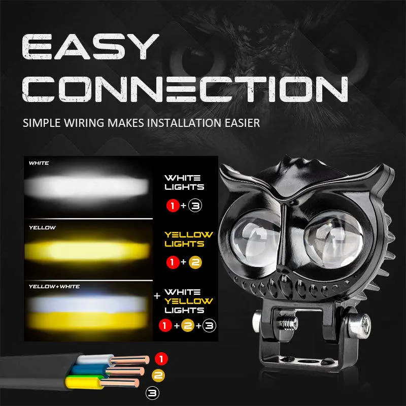 Moto LED éclairage auxiliaire de projecteur Owl phares de feux de brouillard à double conduite de couleur