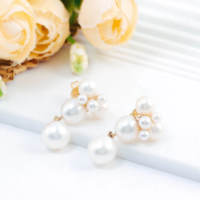 Freshwater Pearls Earrings Round White Color Pearls in 18K Real Gold Elegant Drop Earrings for Women