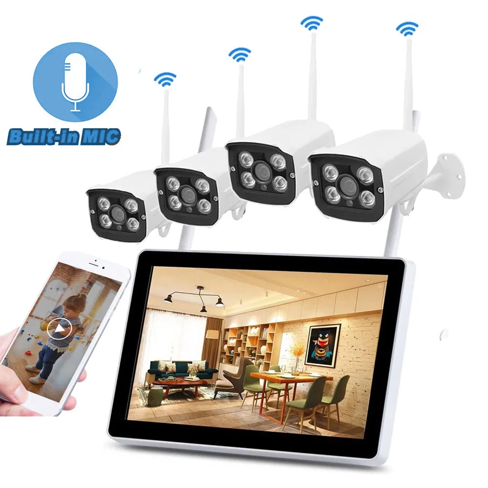 4CH 1080P H. 265 WiFi Bullet Camera NVR Kits Video Surveillance System with 10.1 Inch LCD Monitor