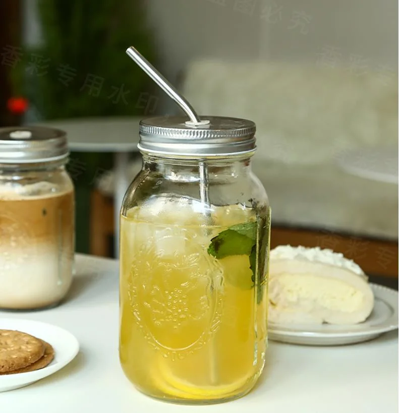 High Borosilicate Transparent Clear Large 750ml Can Shaped Containers Mason Jar Metal Lid Cola Beer Glass Cup with Straw