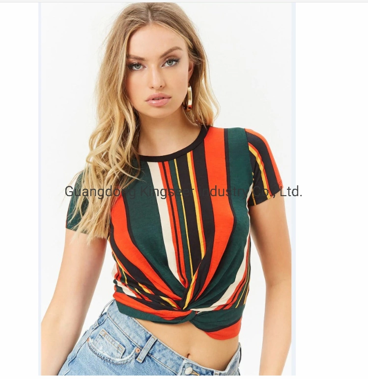 New Fashion Colorful Rainbow Stripe Polyster Round Neck Short Sleeves Women's T Shirt Apparel