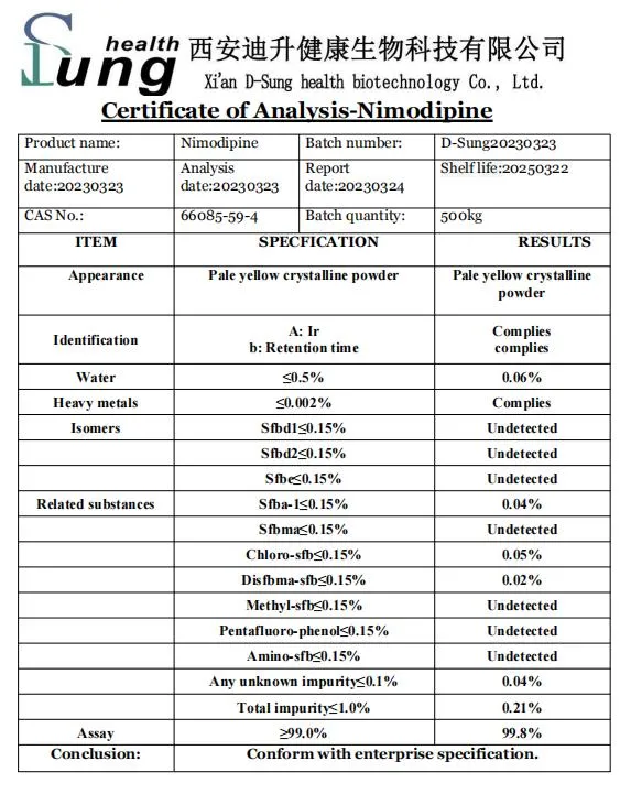 API CAS 66085-59-4 Nimodipine Pharmaceutical Nimodipine Powder Raw Material Nimodipine