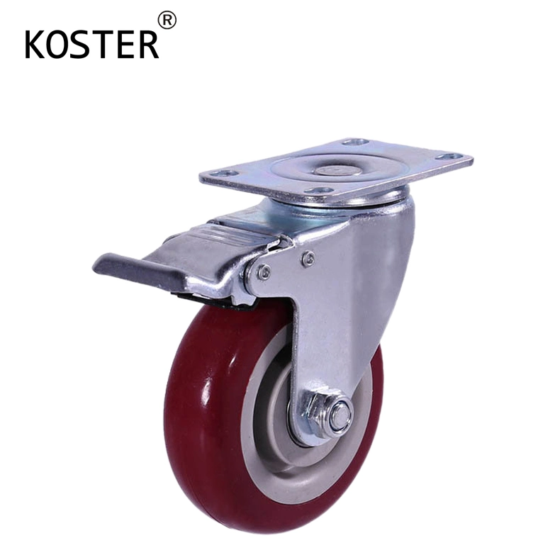 Medium Duty Double Ball Bearing PU Marron 80kg Top Plate Swivel Total Brake 3 Inch Caster Wheel