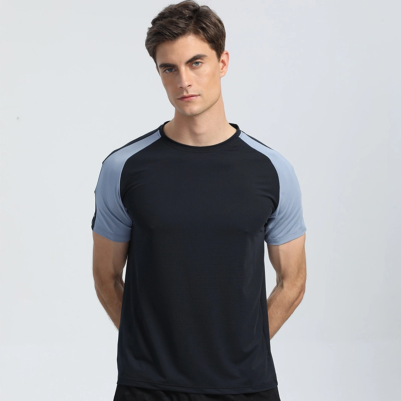 New Men's Round Neck Stitching Sports Top Printing Breathable Sweat-Absorbing Fitness Short-Sleeved Outdoor Summer Quick-Drying Shirts