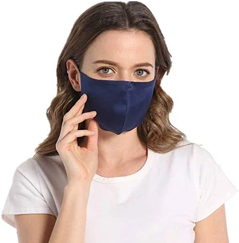 Silk Face Mask with Filter Pocket, Reusable 100% Mulberry Silk Silver Navy Mask