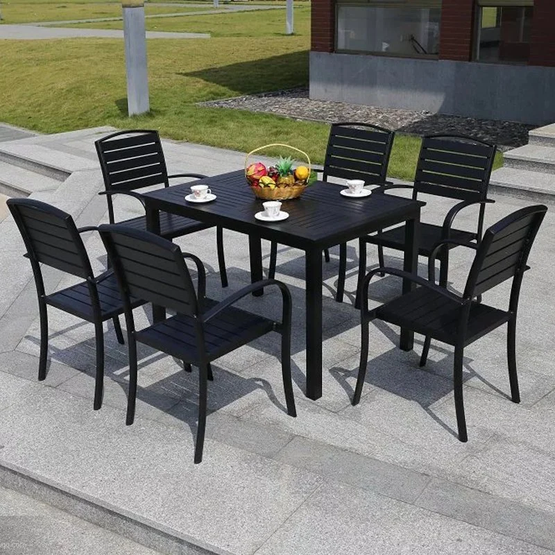 Hot Sell Furniture Garden Plastic Wood Dining Set Coffee Outdoor Garden Plastic Wood Furniture 4 Seat Patio Table and Chair