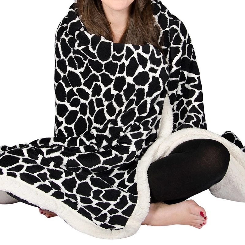 Animal Print Fleece Trim Snow Leopard Sherpa Throw Blanket