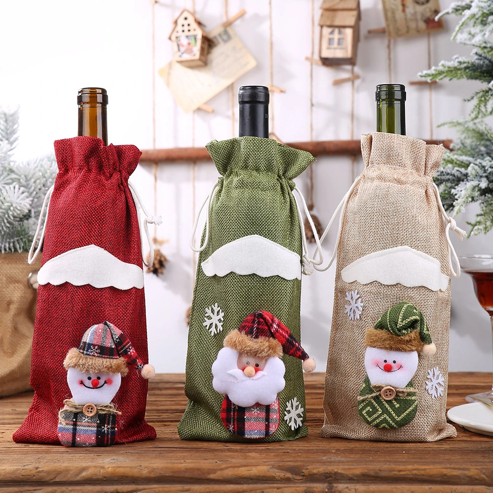 Creative Christmas Gift Custom Plush Linen Cloth Wine Bottle Cover Festival Decoration