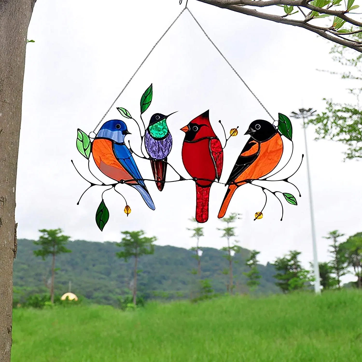 Multicolor Birds on a Wire High Stained Glass Suncatcher Window Panel, Stain Glass Window Hanging, Bird Series Ornaments Pendant Home Decoration Birds Decor