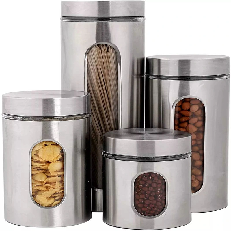 Factory Wholesale/Supplier Kitchen Brushed Stainless Steel Glass Tea Coffee Sugar Storage Jar Canister Set with Metal Lid