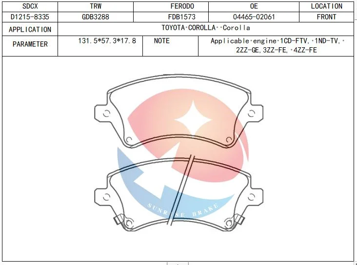 D1215-8335 Sdcx GDB3288 / / / 04465-02130 04465-02061 Chino Auto al por mayor Fábrica de pastillas de freno delantero Disco de freno para automóviles