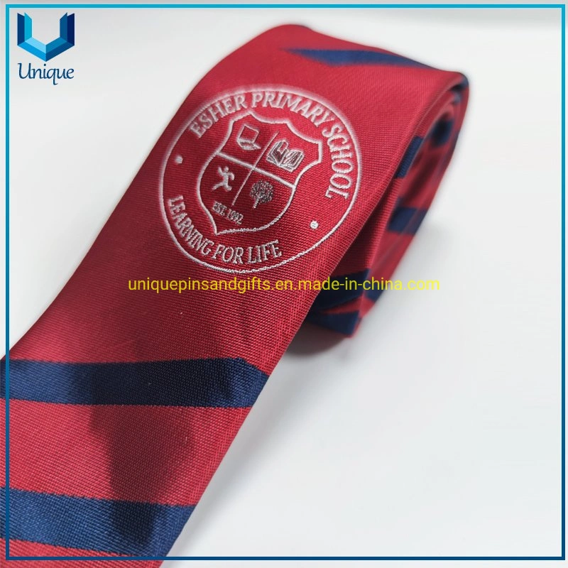 Navy Blue and Khaki Microfiber Striped Ties School Logo Embroidered Custom Tie