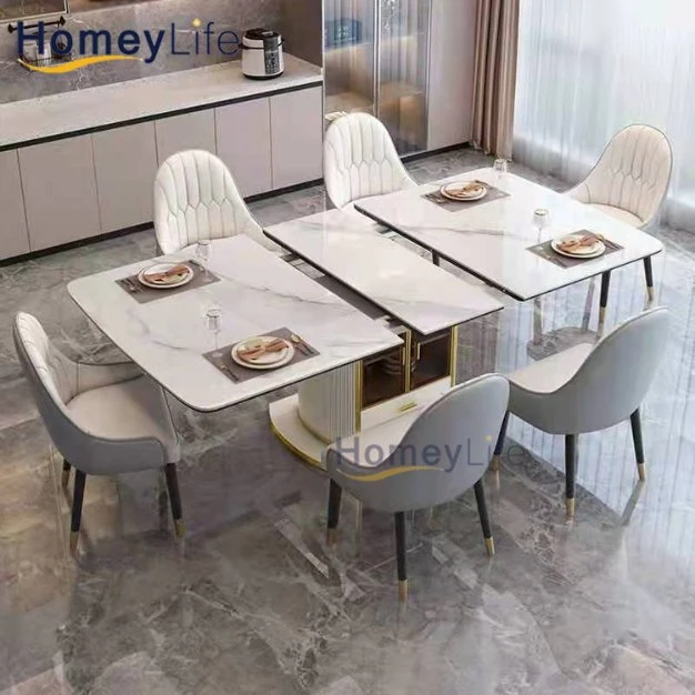 Table de salle à manger nordique simple et bon marché avec design en marbre, rectangulaire, en pierre frittée pliable et extensible, avec chaises