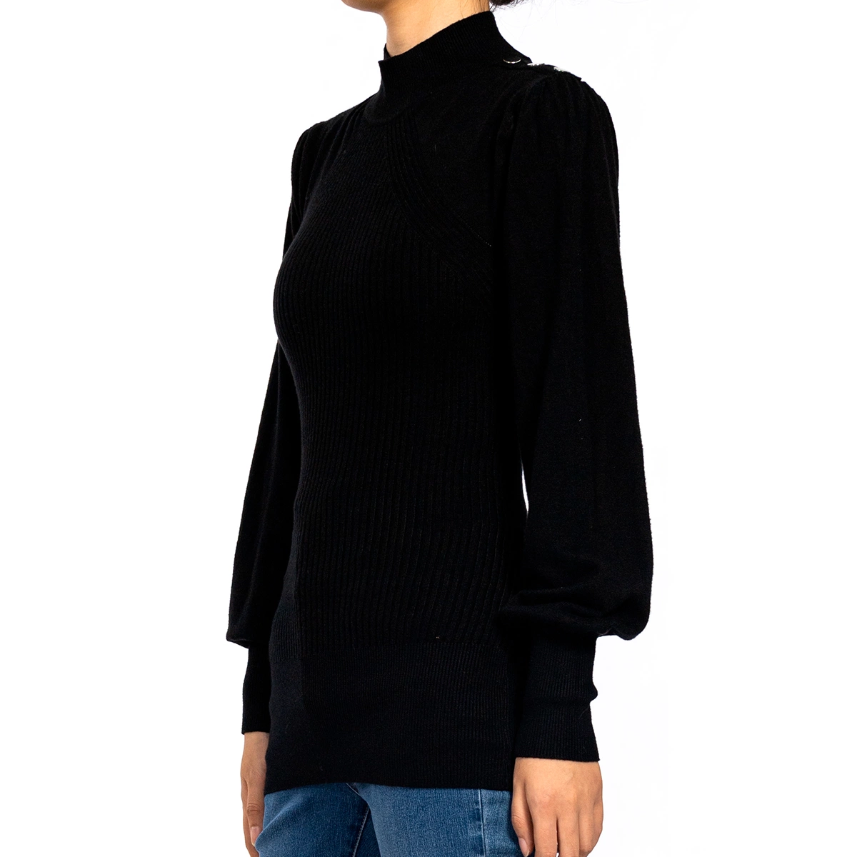 Black Slim Long Sleeve MID Tall Ribbed Fall Sweater for Women