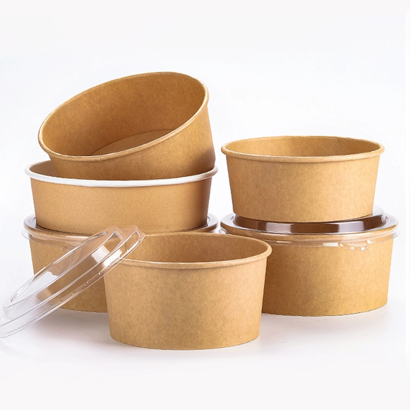 Disposable Food Packaging Water and Grease Proof Kraft Paper Disposable Food Container with Lid Take Away Salad Bowl