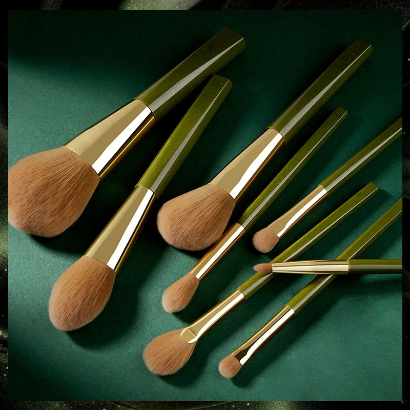 New Style 8PCS Makeup Brush Green Color Cosmetic Bag Brush Suit Wooden Handle Tube Wool Makeup Beauty Tool