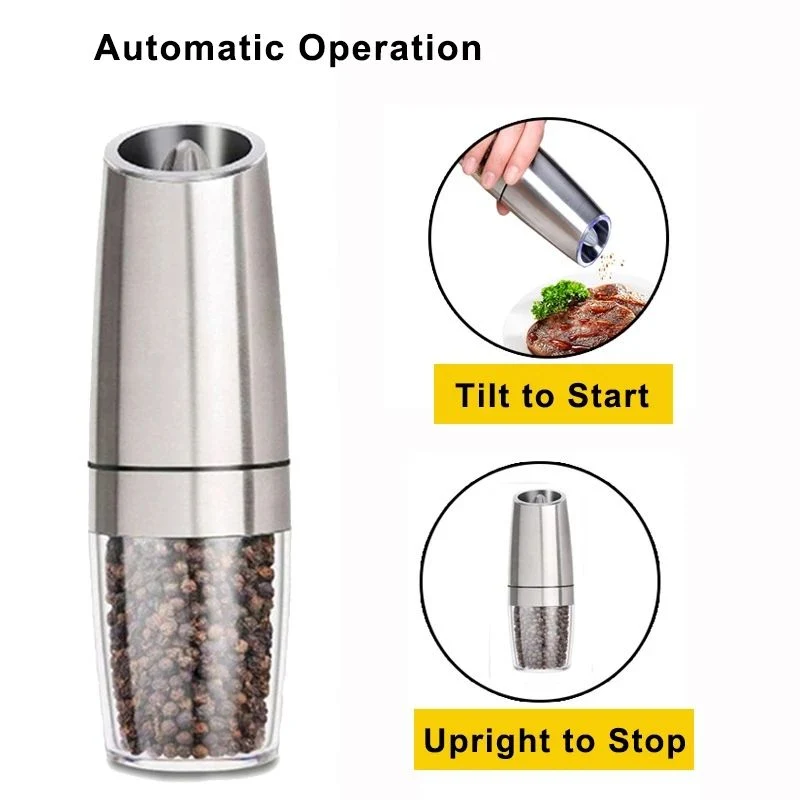 Silver Battery Powered Light Automatic Operation Stainless Steel Gravity Electric Mill Pepper Salt Grinder Set