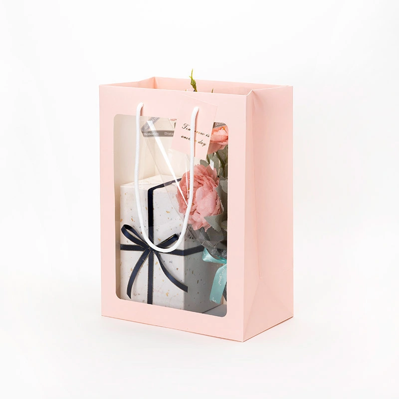 Fashion Ribbon Handles Gift Flower Paper Bag with PVC Clear Window Transparent Bags for Gifts Birthday Gift Bags