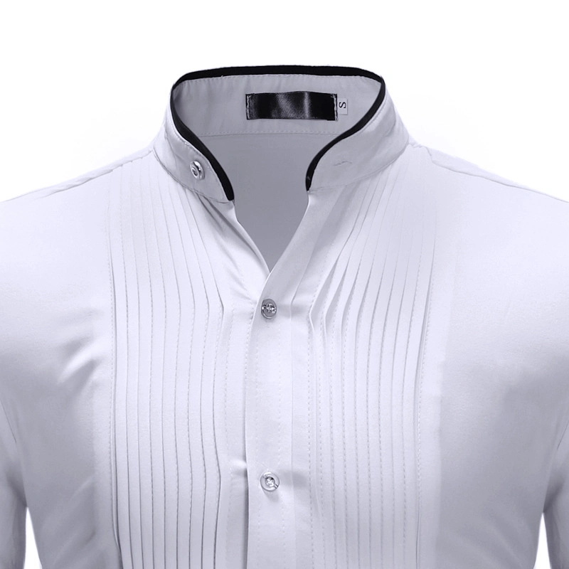 OEM Contrast Color Stand Collar Shirt Men's Pleated Front Long Sleeve Party Dress Shirt