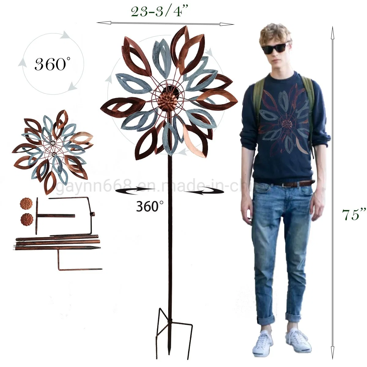 Blumenausschnittjumbo Garden Stick Antik Bronze Patina Gefärbtes Metall Craft Windmühle Windspinner für die Gartendekoration im Jahr 75 Zoll Hoch