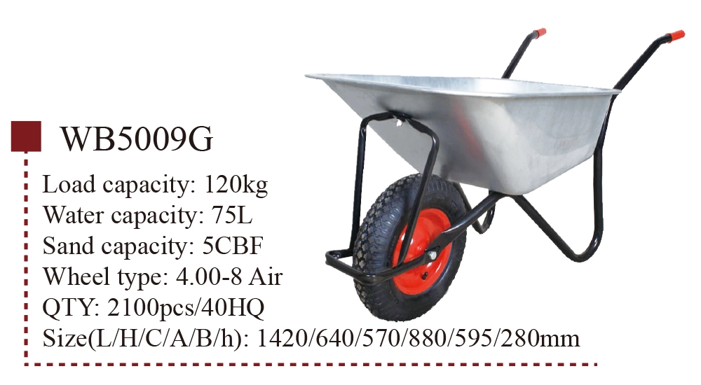 Wb5009g Heavy Duty Wheelbarrow Wheel Barrow with Load 120kg 75L 4.00-8 Inch Pneumatic Wheel for Garden Construction